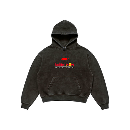 Red Bull Racing Acid Wash Hoodie – Checo Pérez Edition featuring Red Bull Racing logo on front and detailed Checo Pérez F1 car blueprint artwork on back, Stick-On Auto Collection