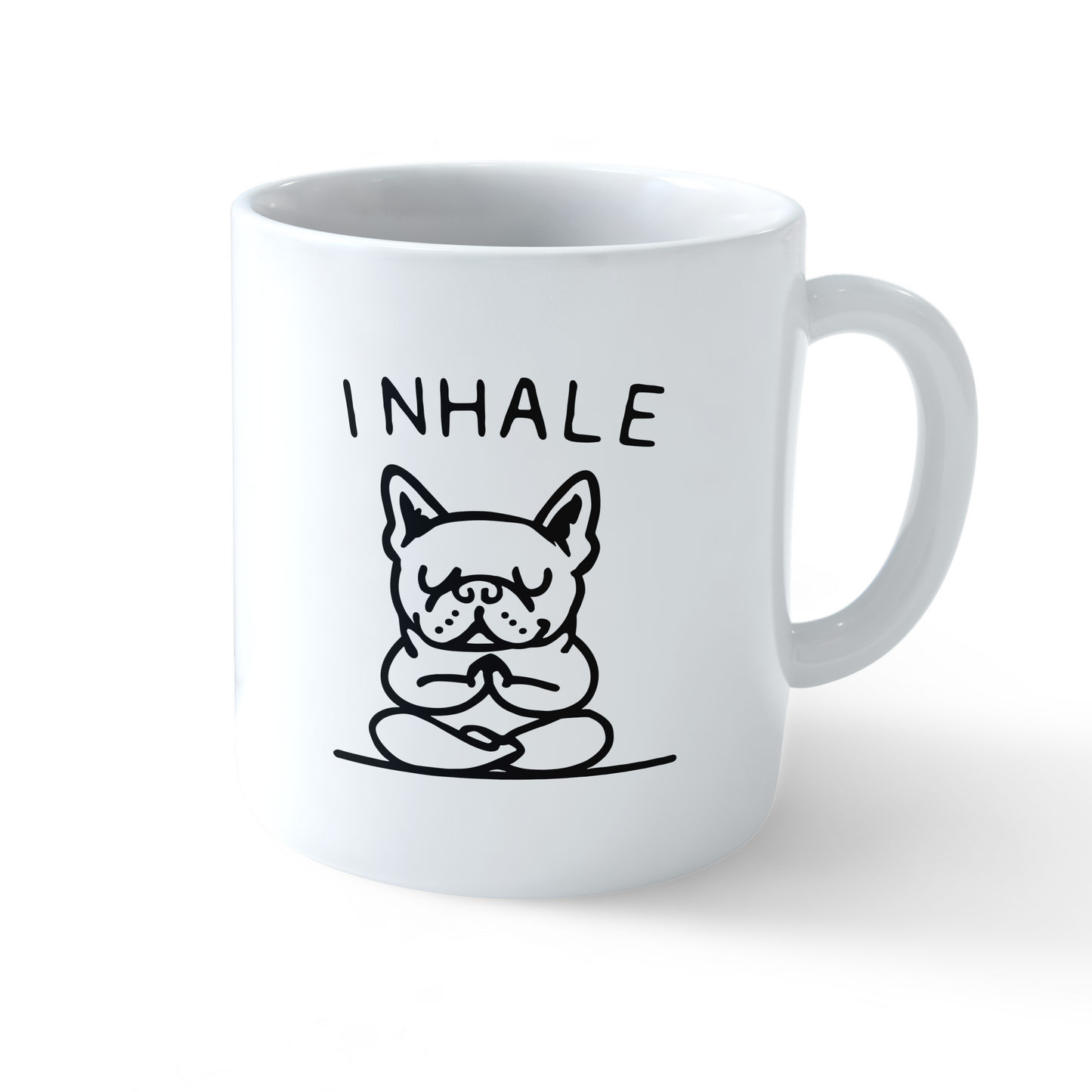 Inhale Exhale Dog Mug – funny yoga coffee cup with dog illustration by Stick-On