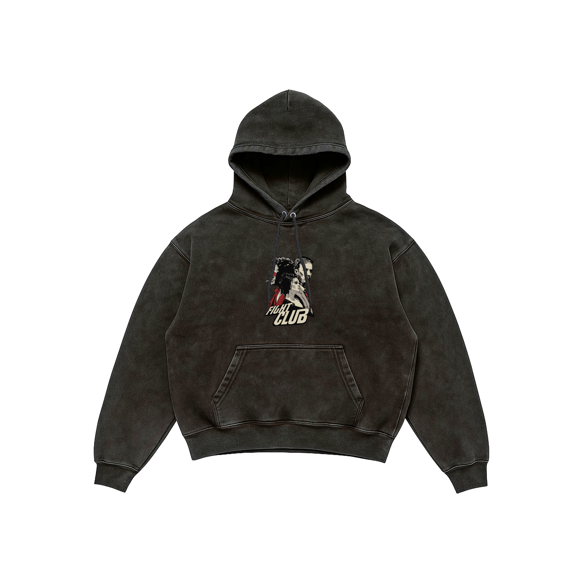Fight Club Acid Wash Hoodie – Soap Bar Edition featuring front character artwork and back pink soap bar graphic, Stick-On Movie Collection