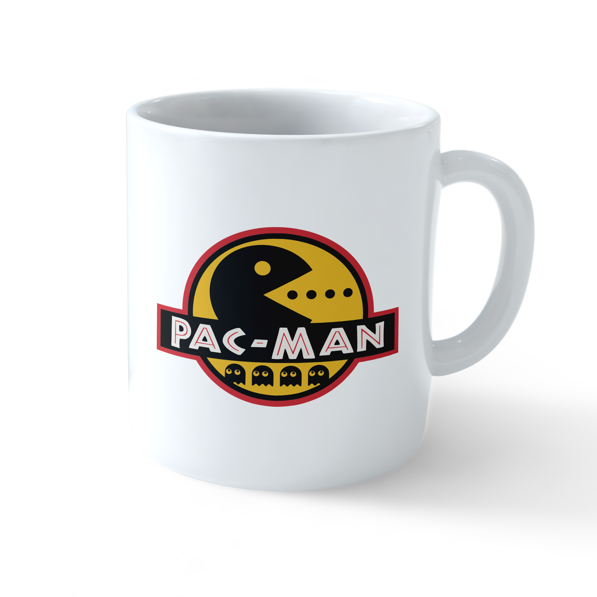 Pac-Man Mug – retro arcade coffee cup with Pac-Man and ghosts design by Stick-On