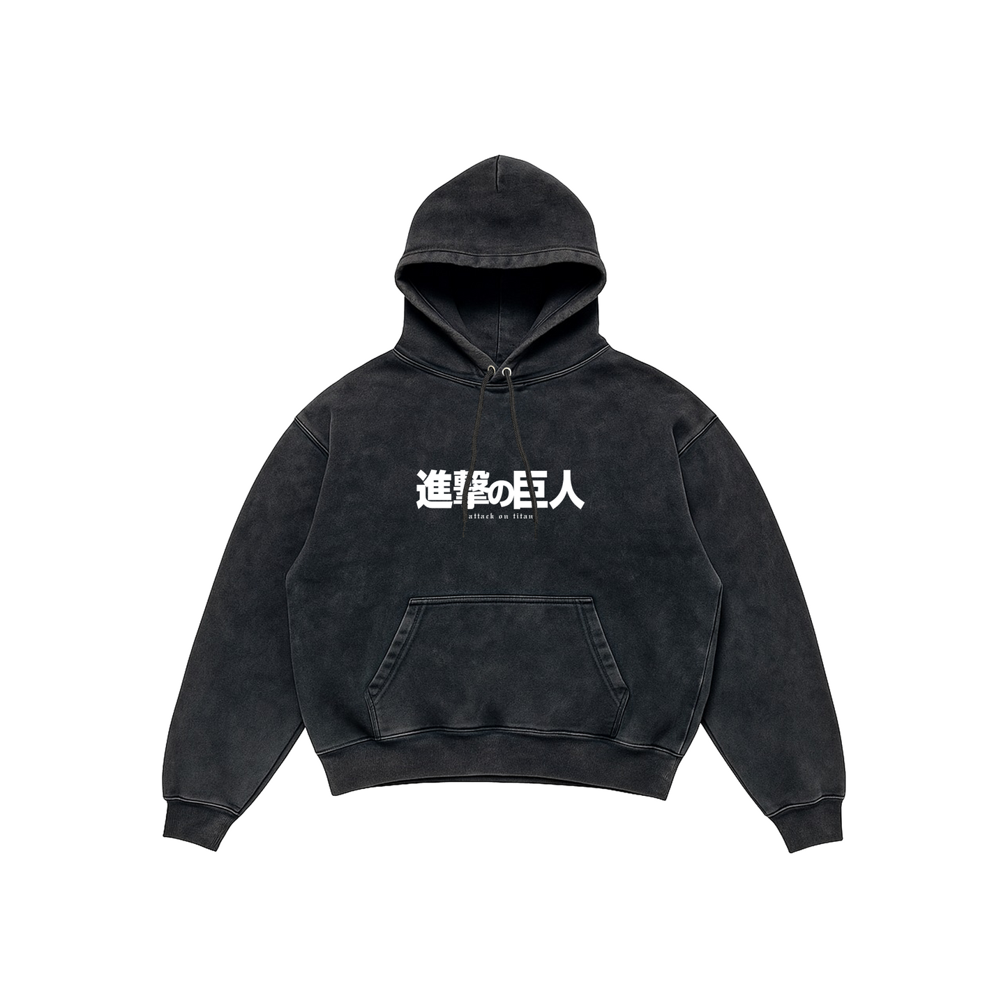 Attack on Titan Acid Wash Hoodie – Scout Regiment Edition featuring the Wings of Freedom emblem and Japanese Attack on Titan logo, Stick-On Anime Collection