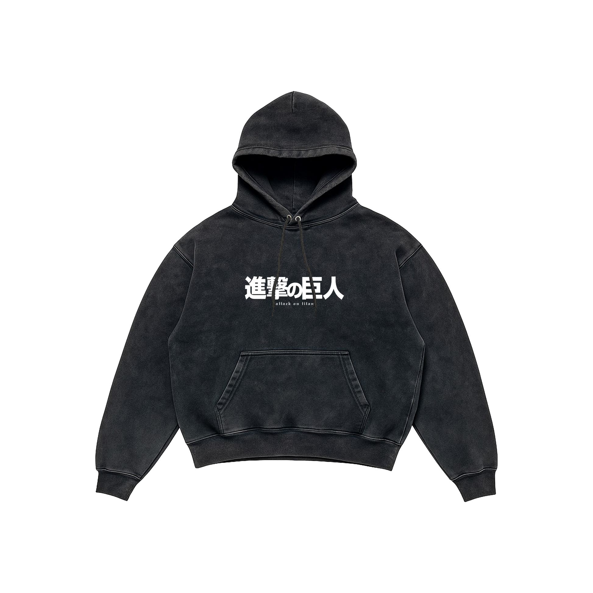 Attack on Titan Acid Wash Hoodie – Scout Regiment Edition featuring the Wings of Freedom emblem and Japanese Attack on Titan logo, Stick-On Anime Collection