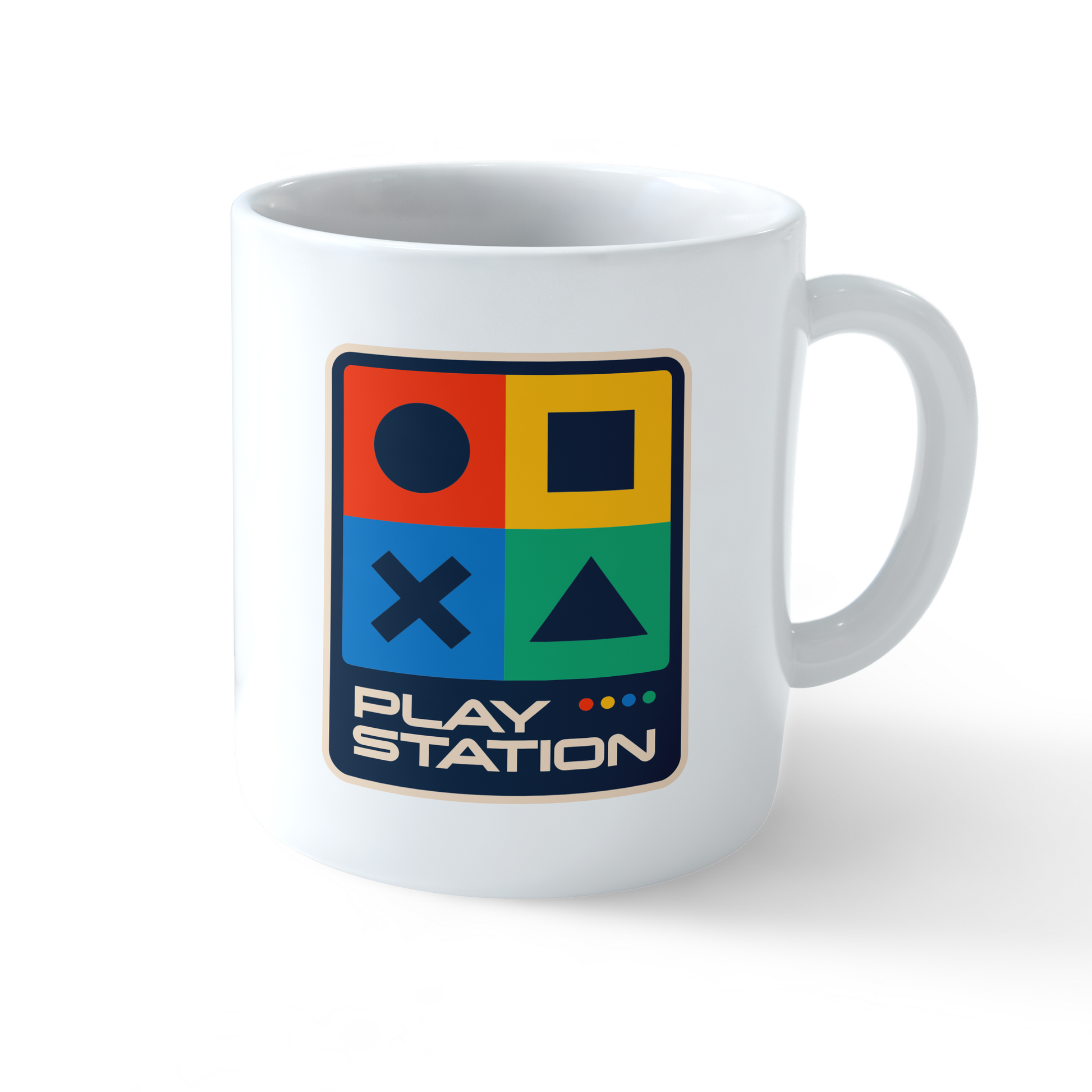 White PlayStation Mug with retro PS controller symbols – gaming coffee cup by Stick-On