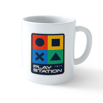 White PlayStation Mug with retro PS controller symbols – gaming coffee cup by Stick-On