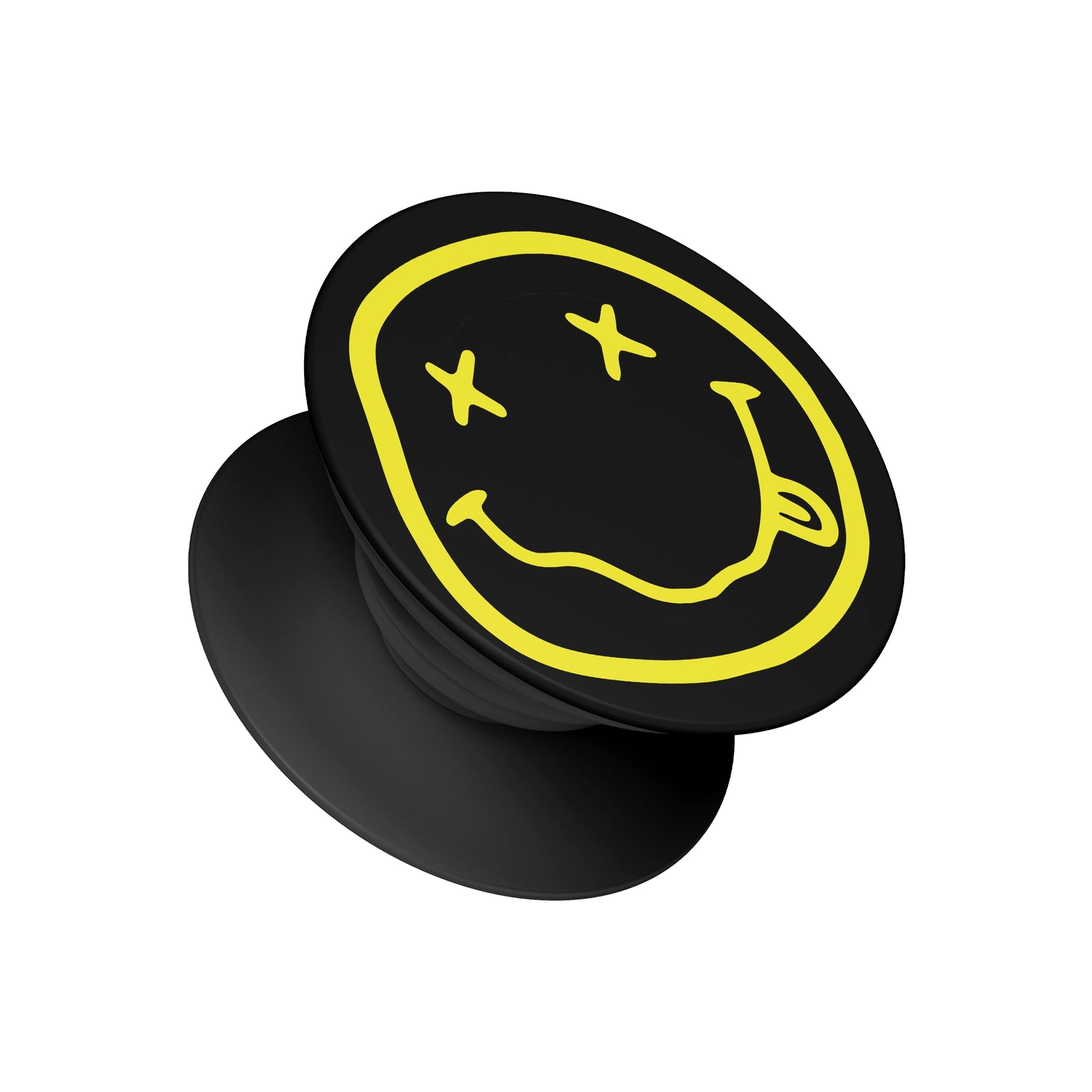 A black pop socket phone grip featuring a top design of a yellow grunge-style smiley face with crossed-out eyes on a black background - 90s retro phone accessory by Stick-On Limited.