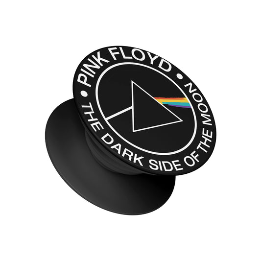A black pop socket phone grip featuring the iconic Pink Floyd Dark Side of the Moon prism and rainbow graphic - classic rock phone accessory by Stick-On Limited.