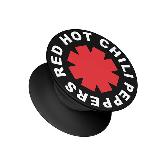 A black pop socket phone grip featuring the red and white Red Hot Chili Peppers band logo on a black background - music phone accessory by Stick-On Limited.