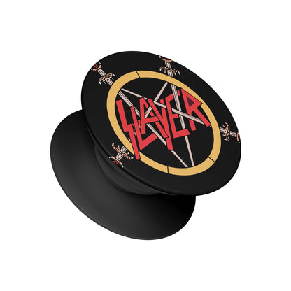 A black pop socket phone grip featuring the red Slayer band logo over a sword pentagram on a black background - heavy metal music phone accessory by Stick-On Limited.