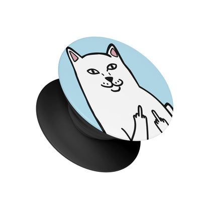 A black pop socket phone grip featuring a top design of a white cat holding up two middle fingers on a light blue background - funny phone accessory by Stick-On Limited.