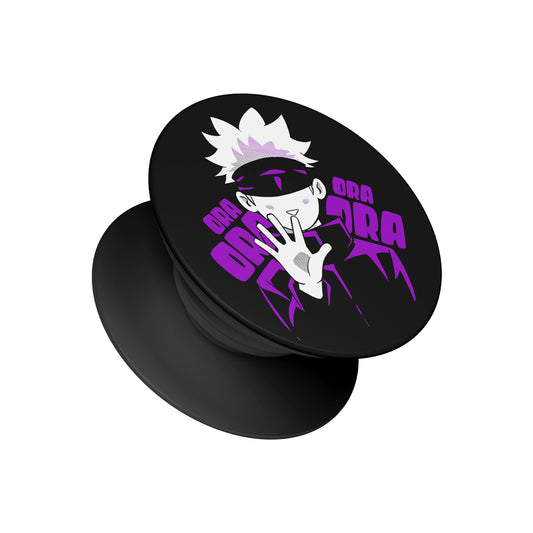 A black pop socket phone grip featuring a white-haired, blindfolded anime character with purple ORA text on a black background - anime phone accessory by Stick-On Limited.