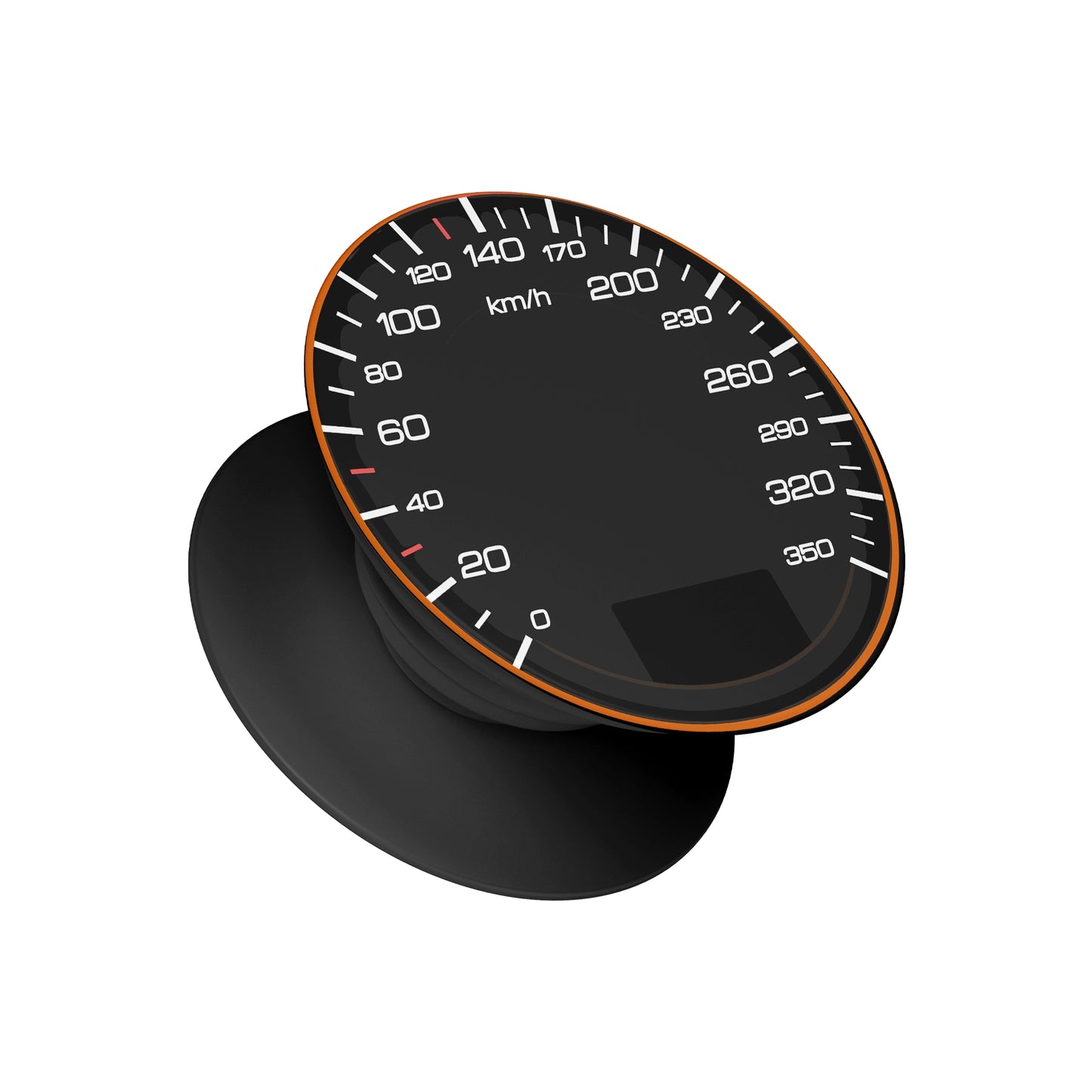 A black pop socket phone grip featuring a top design of a car speedometer gauge going up to 350 km/h with an orange rim - automotive phone accessory by Stick-On Limited.