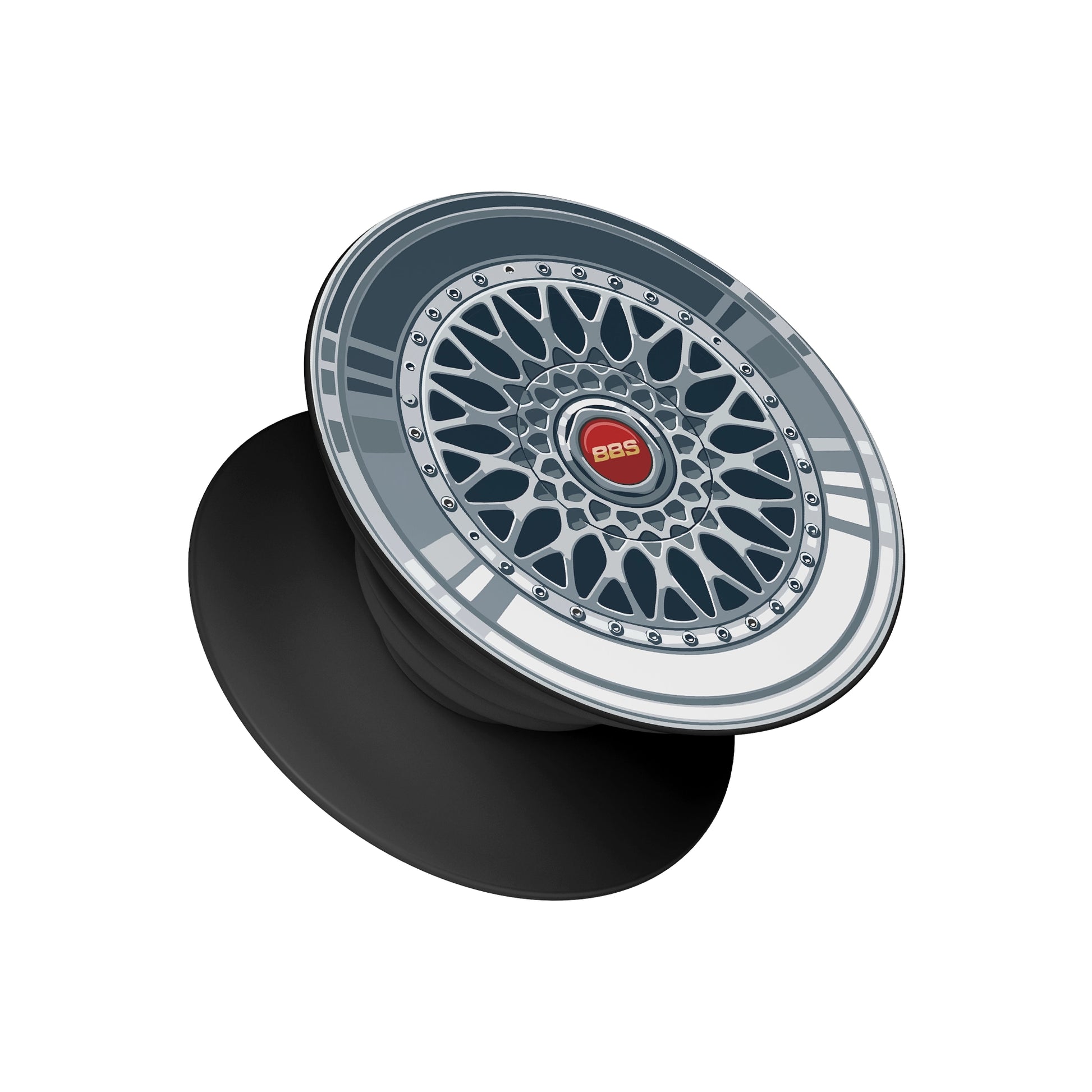 A black pop socket phone grip featuring a top design of a classic silver BBS mesh alloy wheel with a red center cap - automotive phone accessory by Stick-On Limited.