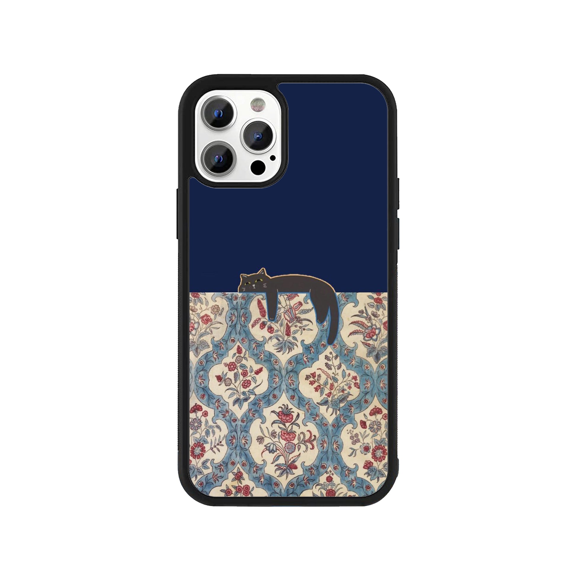 A smartphone case featuring a minimalist navy blue top and a vintage floral bottom with a lazy black cat illustration - aesthetic phone accessory by Stick-On Limited.