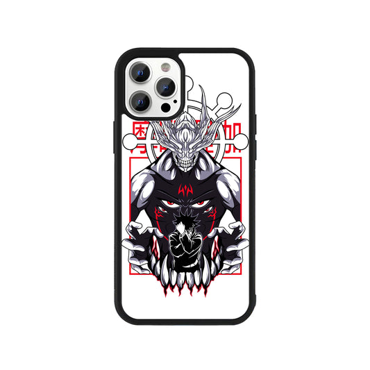 A white smartphone case featuring a detailed black, white, and red illustration of the Shikigami Mahoraga from Jujutsu Kaisen with a protective black bumper - anime phone accessory by Stick-On Limited.