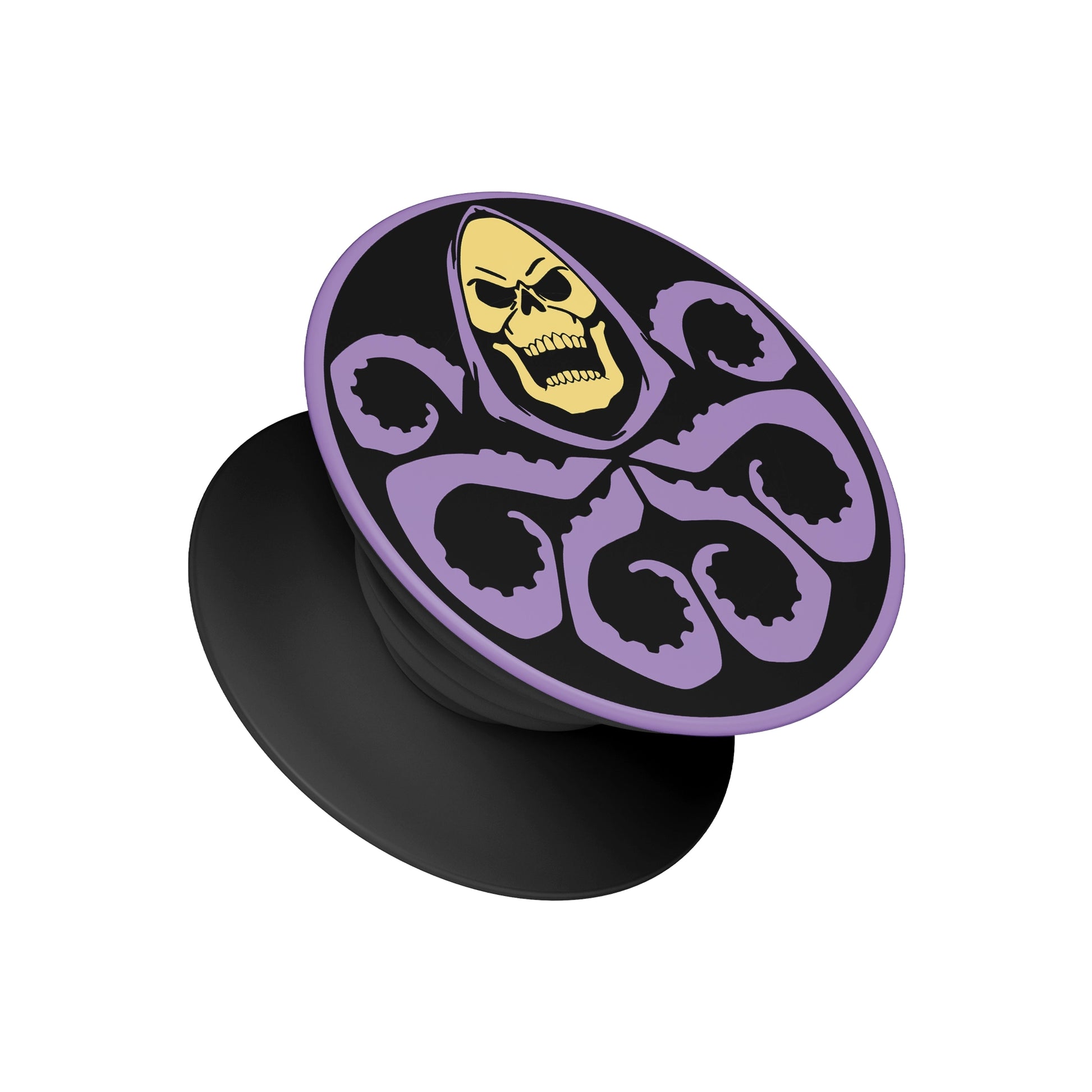 A black pop socket phone grip featuring a top design of a yellow skull in a purple hood with purple tentacles on a black background - gothic phone accessory by Stick-On Limited.