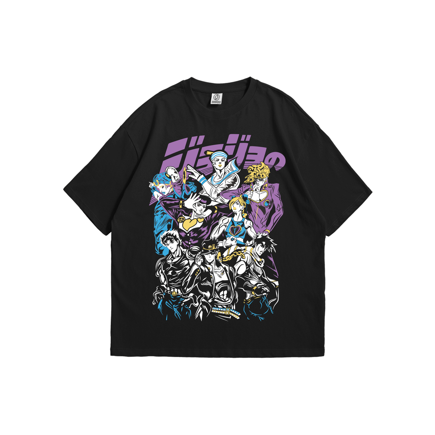Front and back view of a black oversized t-shirt featuring a colorful graphic of the JoJo's Bizarre Adventure protagonists on the front and the Japanese series logo on the back - anime streetwear apparel by Stick-On Limited.