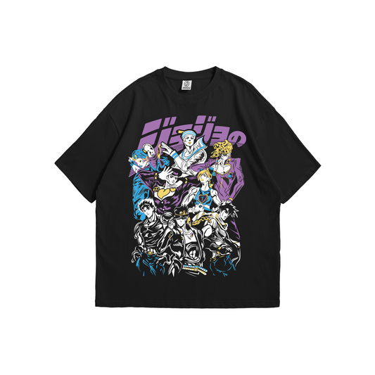 Front and back view of a black oversized t-shirt featuring a colorful graphic of the JoJo's Bizarre Adventure protagonists on the front and the Japanese series logo on the back - anime streetwear apparel by Stick-On Limited.