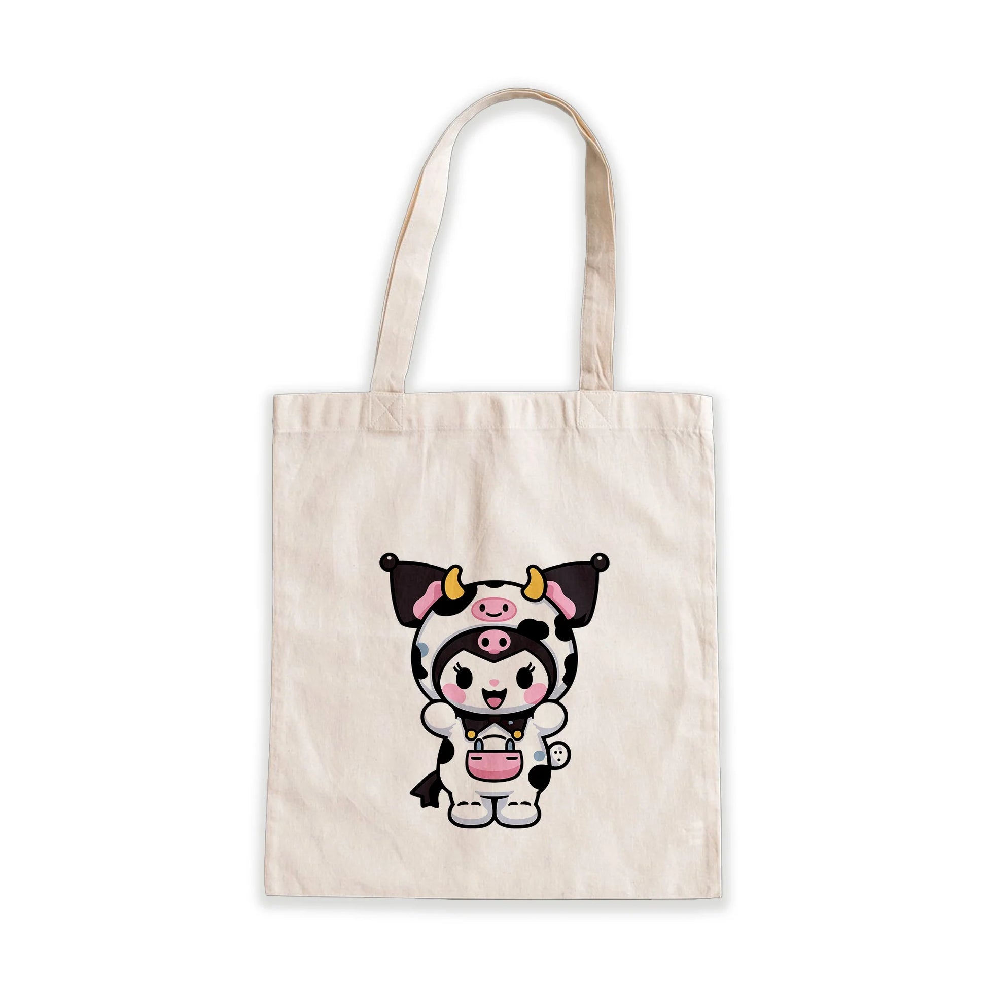 Kuromi Cow Costume Tote Bag – cute Sanrio character design on beige canvas bag, Stick-On Accessories Collection