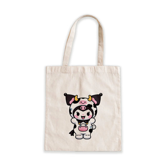 Kuromi Cow Costume Tote Bag – cute Sanrio character design on beige canvas bag, Stick-On Accessories Collection
