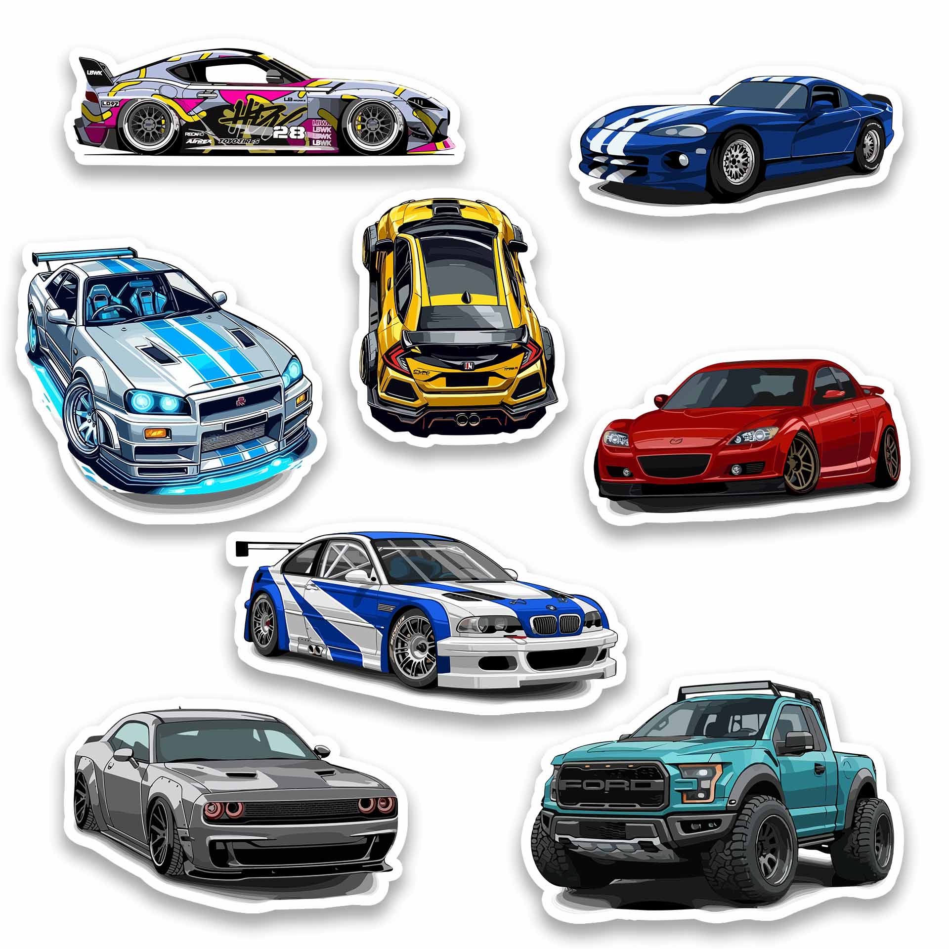 JDM and Muscle Car Sticker Pack – Skyline GTR, Supra, M3 GTR, Challenger, RX-8, Civic Type R, Ford Raptor car decals, Stick-On Drift & Speed Collection