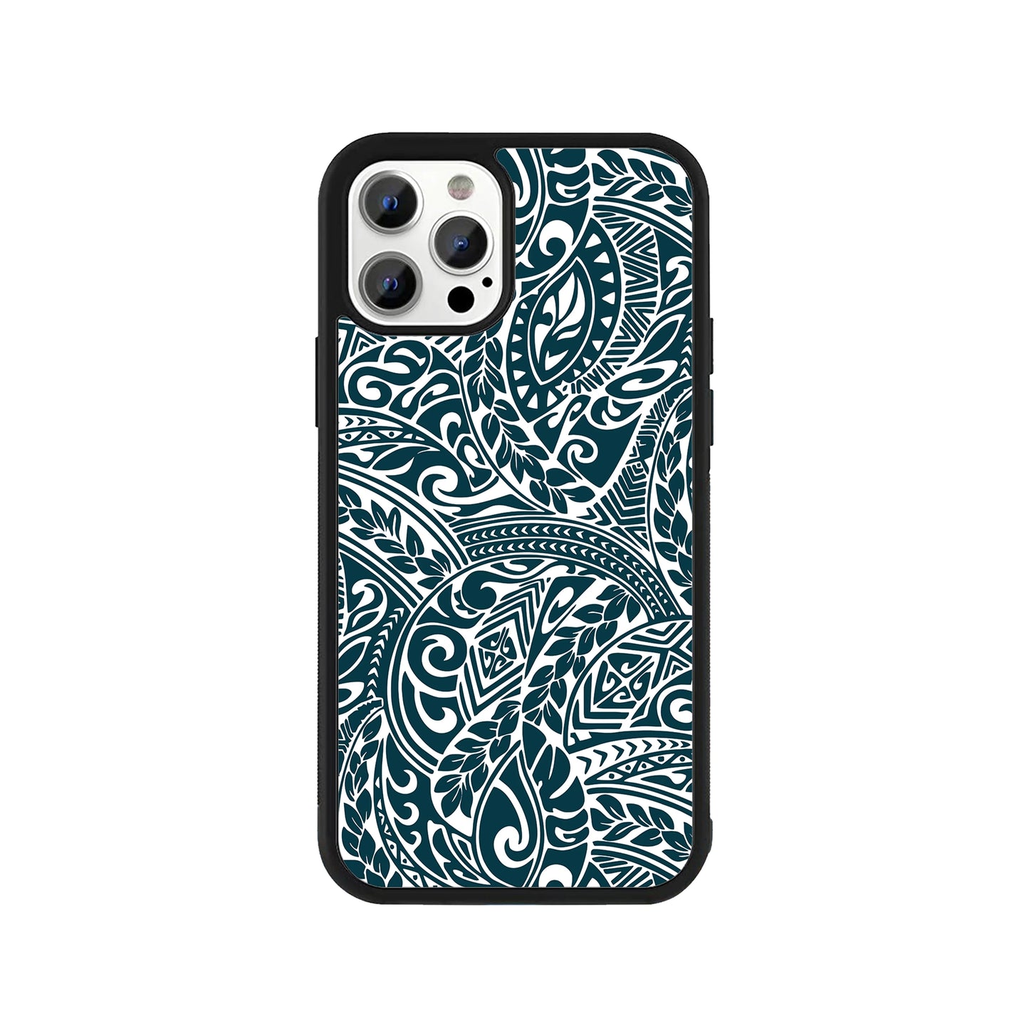 A smartphone case featuring a detailed dark teal and white Polynesian-style tribal tattoo pattern with leaf and wave motifs, framed by a protective black bumper - patterned phone accessory by Stick-On Limited.