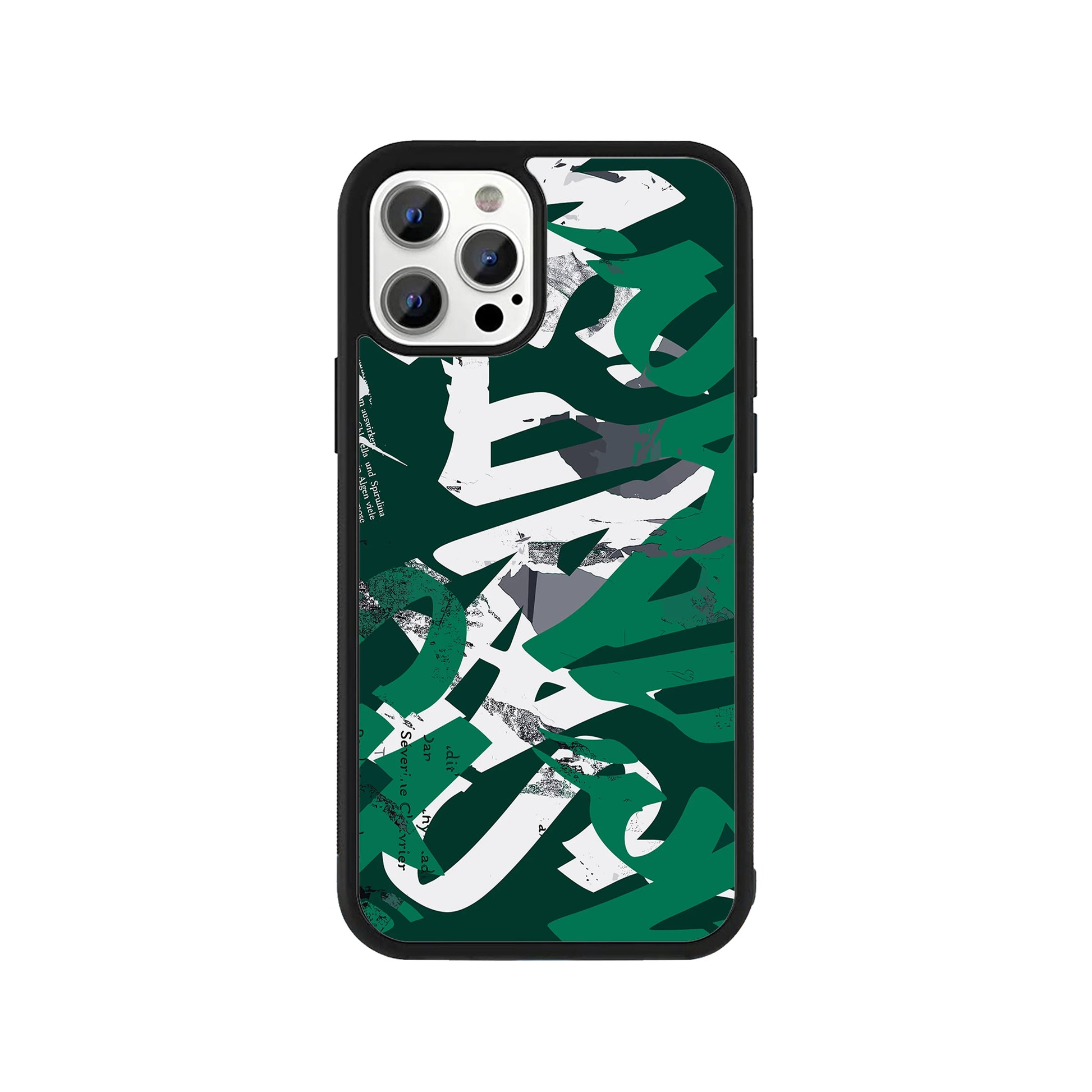 A smartphone case featuring abstract emerald green and white calligraphic brushstrokes layered over a distressed, torn-paper style background, framed by a protective black bumper - art phone accessory by Stick-On Limited.