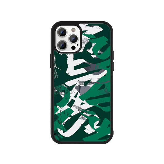 A smartphone case featuring abstract emerald green and white calligraphic brushstrokes layered over a distressed, torn-paper style background, framed by a protective black bumper - art phone accessory by Stick-On Limited.
