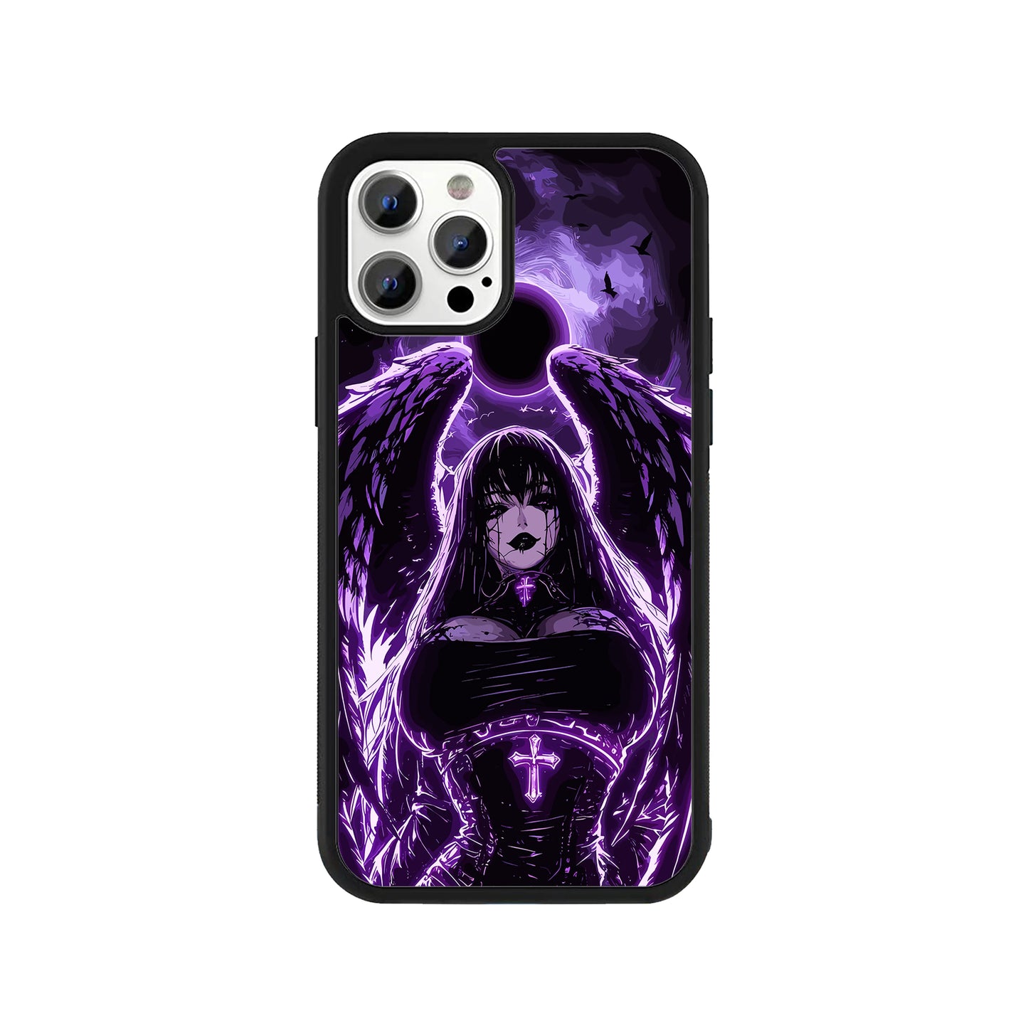 A smartphone case featuring a dark fantasy anime illustration of a fallen angel with wings and glowing purple crosses against a purple eclipse background, framed by a protective black bumper - pop culture phone accessory by Stick-On Limited.