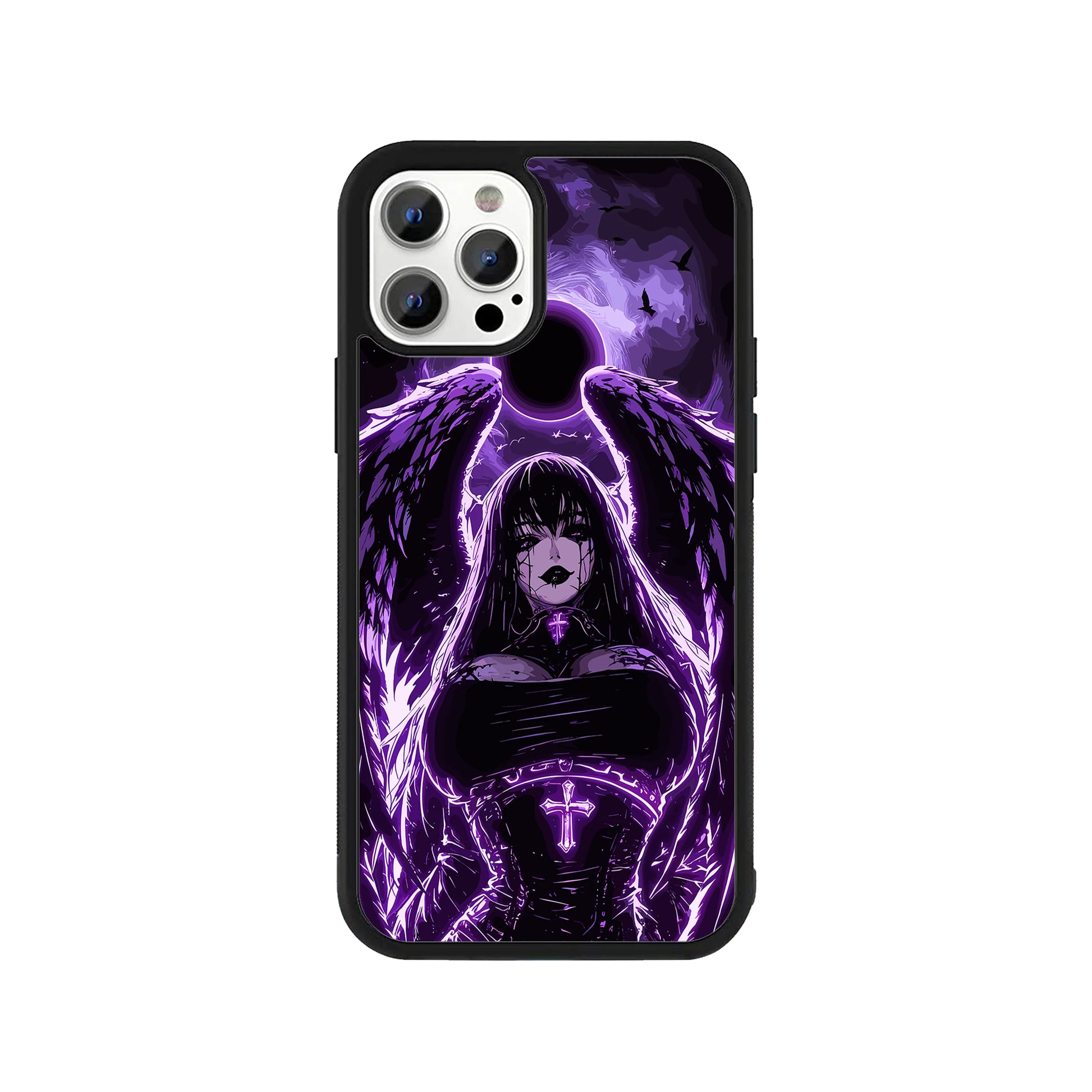 A smartphone case featuring a dark fantasy anime illustration of a fallen angel with wings and glowing purple crosses against a purple eclipse background, framed by a protective black bumper - pop culture phone accessory by Stick-On Limited.
