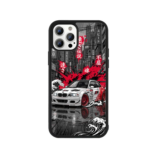 A smartphone case featuring an illustration of a white and red drift car on a wet Japanese city street, surrounded by vibrant red paint splatters, traditional stylized waves, and kanji, framed by a protective black bumper - pop culture phone accessory by Stick-On Limited.