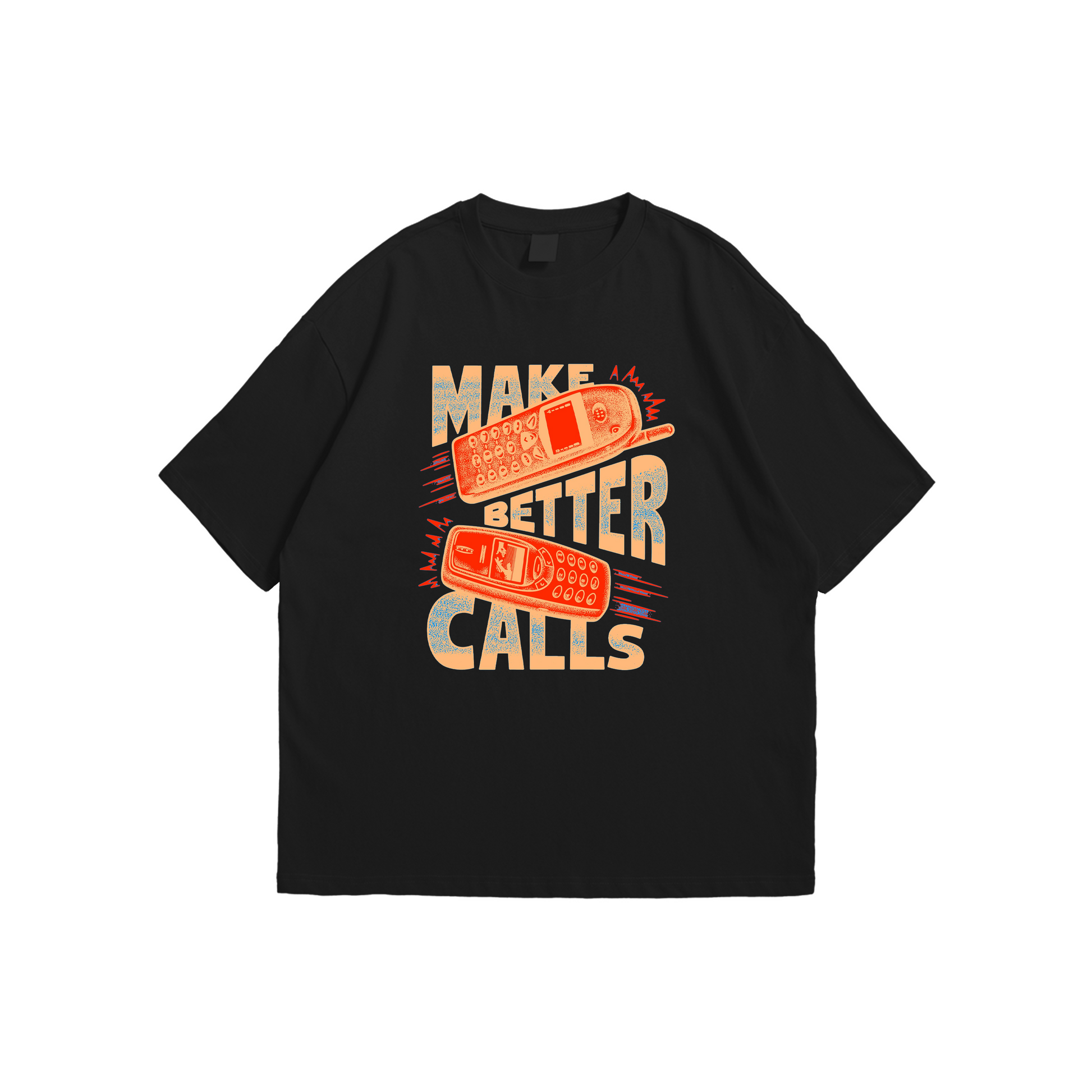 Make Better Calls Oversized T-Shirt – black oversized tee with vintage orange phone graphic design, Stick-On Apparel Collection