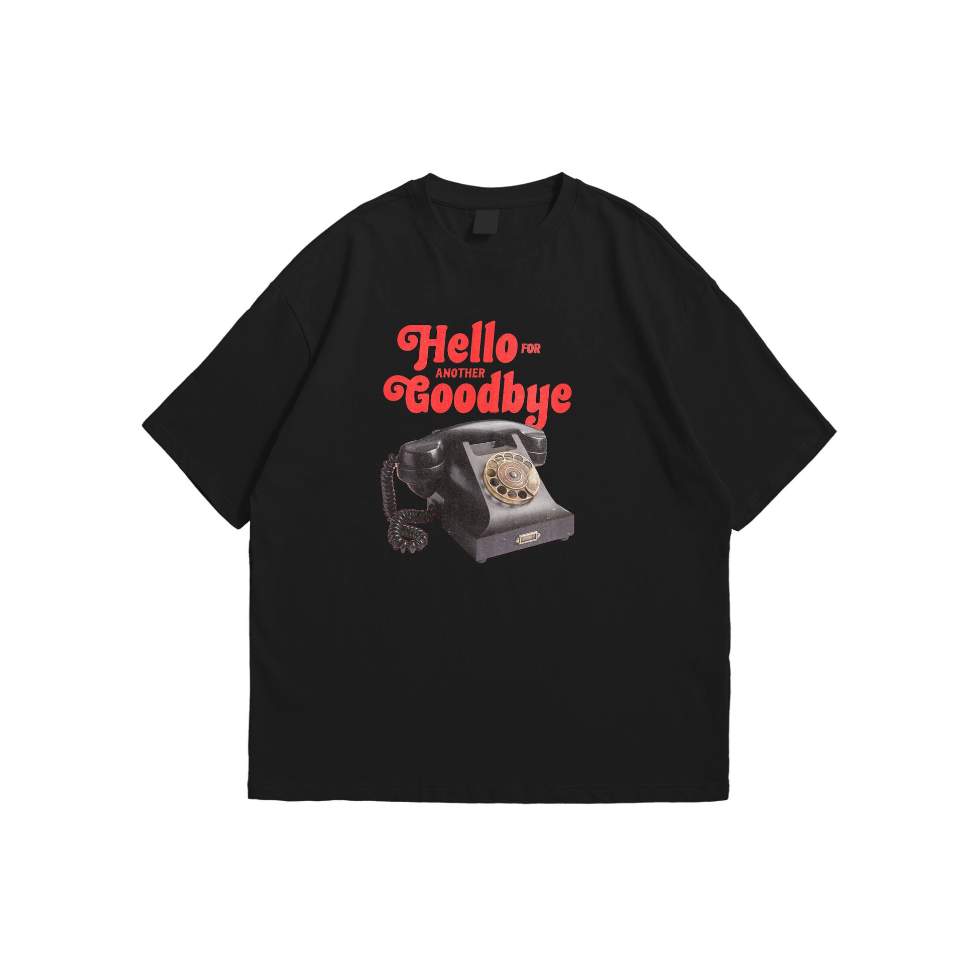 Hello for Another Goodbye Oversized T-Shirt – black oversized tee with vintage phone and retro typography design, Stick-On Apparel Collection