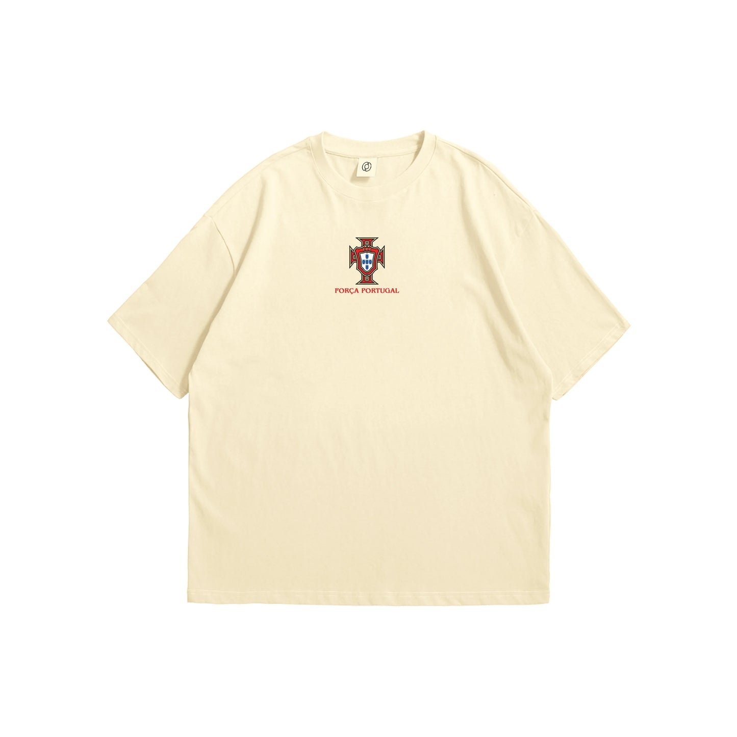 A cream oversized t-shirt shown from the front and back, featuring a small Portugal FPF crest on the chest and a large intricate green line-art illustration of Portuguese landmarks inside a cross on the reverse - sports streetwear apparel by Stick-On Limited.