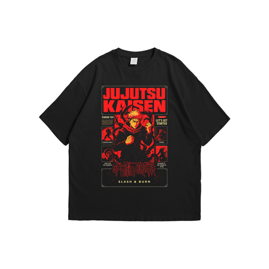 Jujutsu Kaisen – Itadori Slash & Burn Oversized Tee – Oversized drop-shoulder 180 GSM cotton anime T-shirt by Stick-On (Unisex M–5XL)