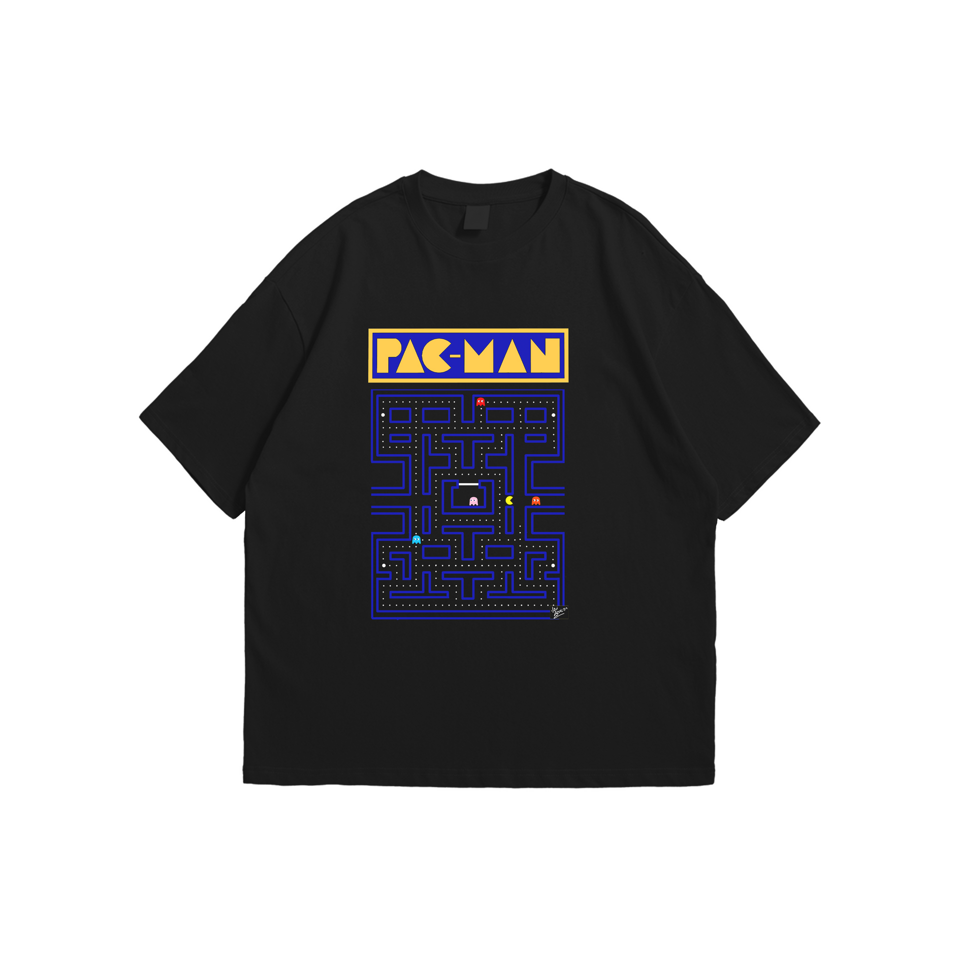Pac-Man Oversized T-Shirt – black oversized tee with classic arcade maze design and Pac-Man logo, Stick-On Gaming Collection