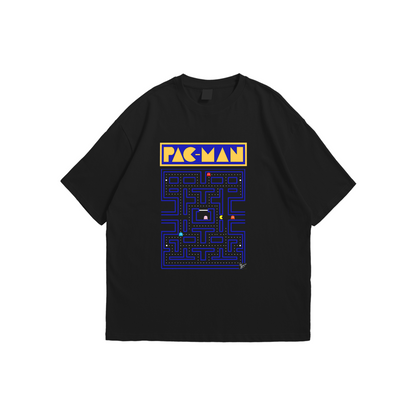 Pac-Man Oversized T-Shirt – black oversized tee with classic arcade maze design and Pac-Man logo, Stick-On Gaming Collection