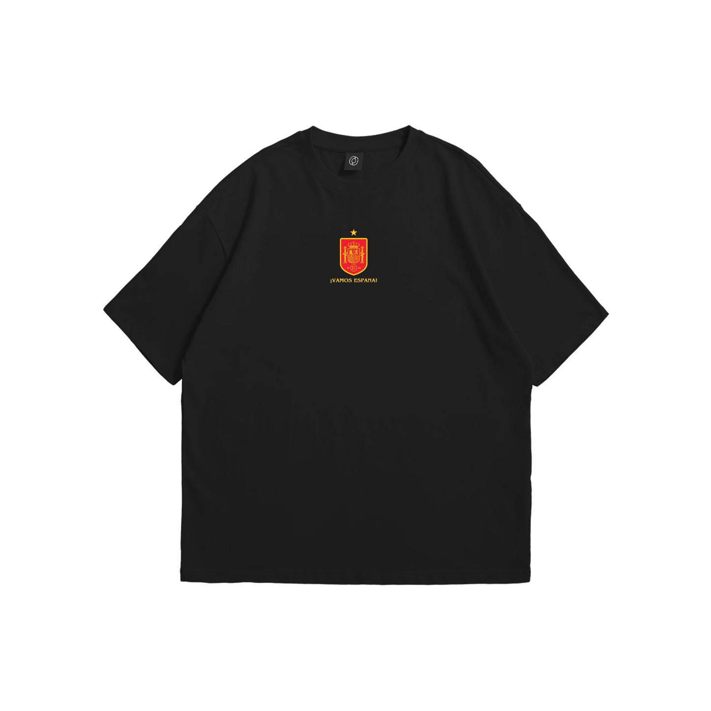 A black oversized t-shirt shown from the front and back, featuring a small red and gold Spain RFEF crest on the chest and a large intricate red line-art illustration of Spanish landmarks and a crown on the reverse - sports streetwear apparel by Stick-On Limited.