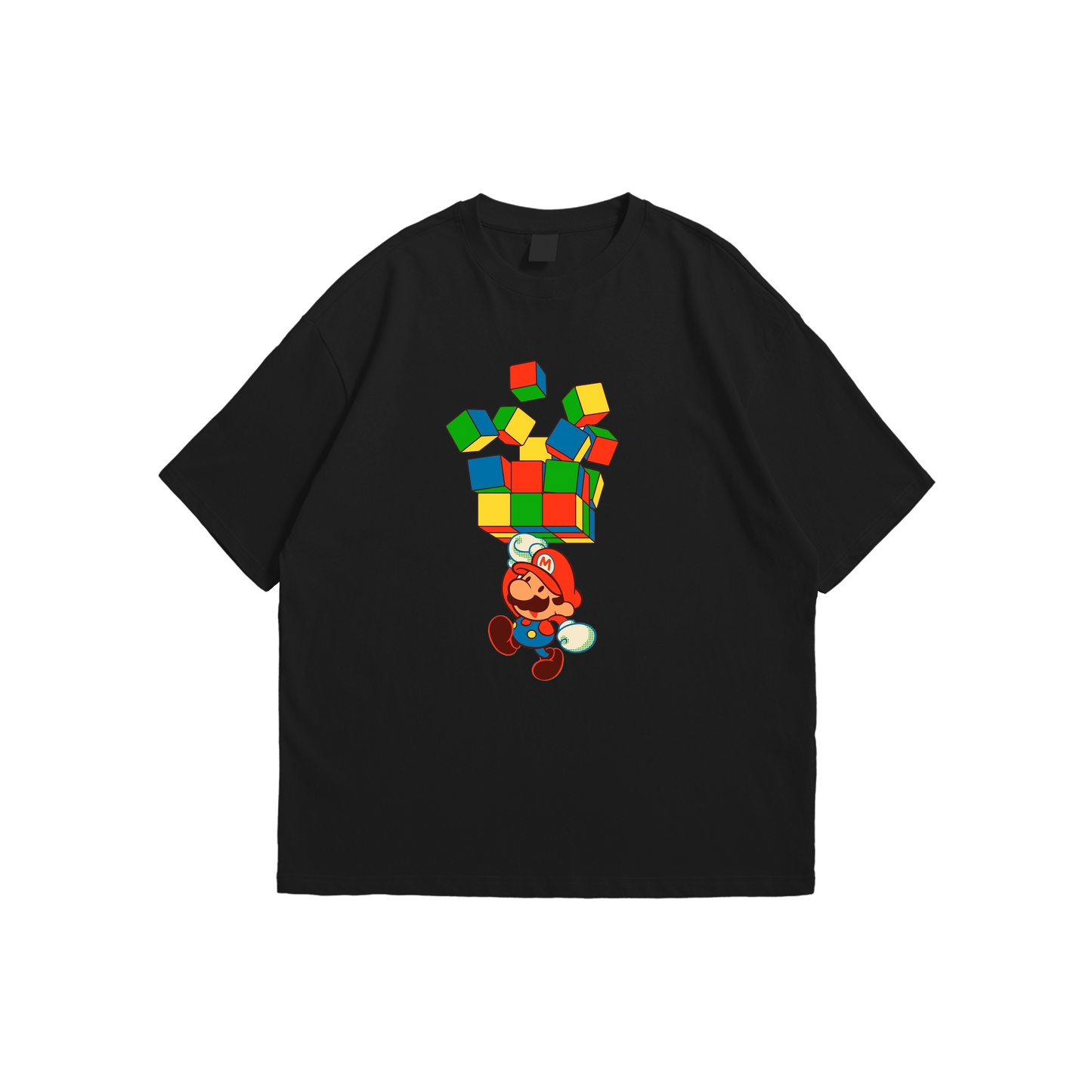 Super Mario Blocks Oversized T-Shirt – black oversized tee with Mario holding colorful 3D blocks, Stick-On Gamer Collection