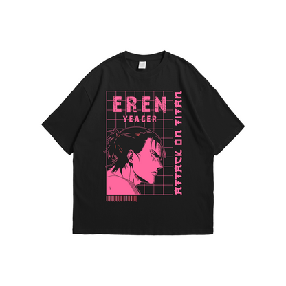 Attack on Titan – Eren Yeager Grid Oversized Tee – Oversized drop-shoulder 180 GSM cotton anime T-shirt by Stick-On (Unisex M–5XL)
