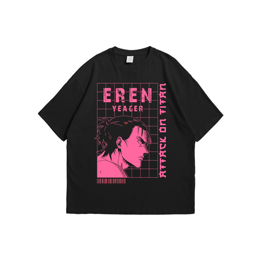 Attack on Titan – Eren Yeager Grid Oversized Tee – Oversized drop-shoulder 180 GSM cotton anime T-shirt by Stick-On (Unisex M–5XL)