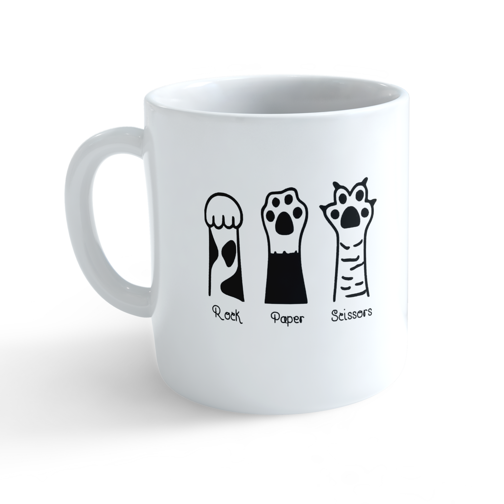 White ceramic mug with two stylish cartoon cats wearing casual outfits.