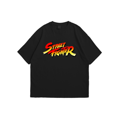 Street Fighter Oversized T-Shirt – black oversized tee with classic Street Fighter red and yellow logo, Stick-On Gaming Collection