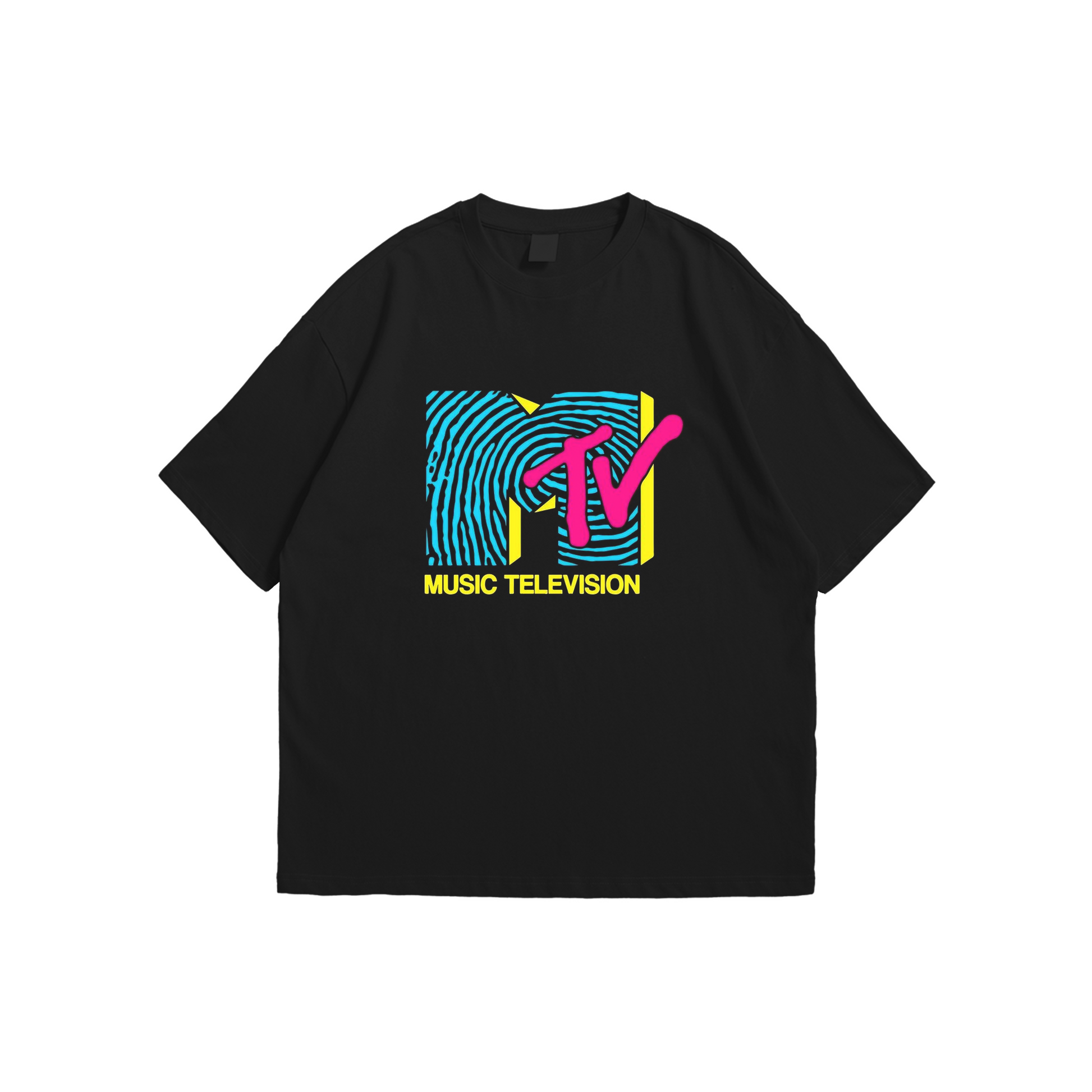 MTV Music Television Oversized T-Shirt – black oversized tee with colorful retro MTV logo, Stick-On 90s Collection