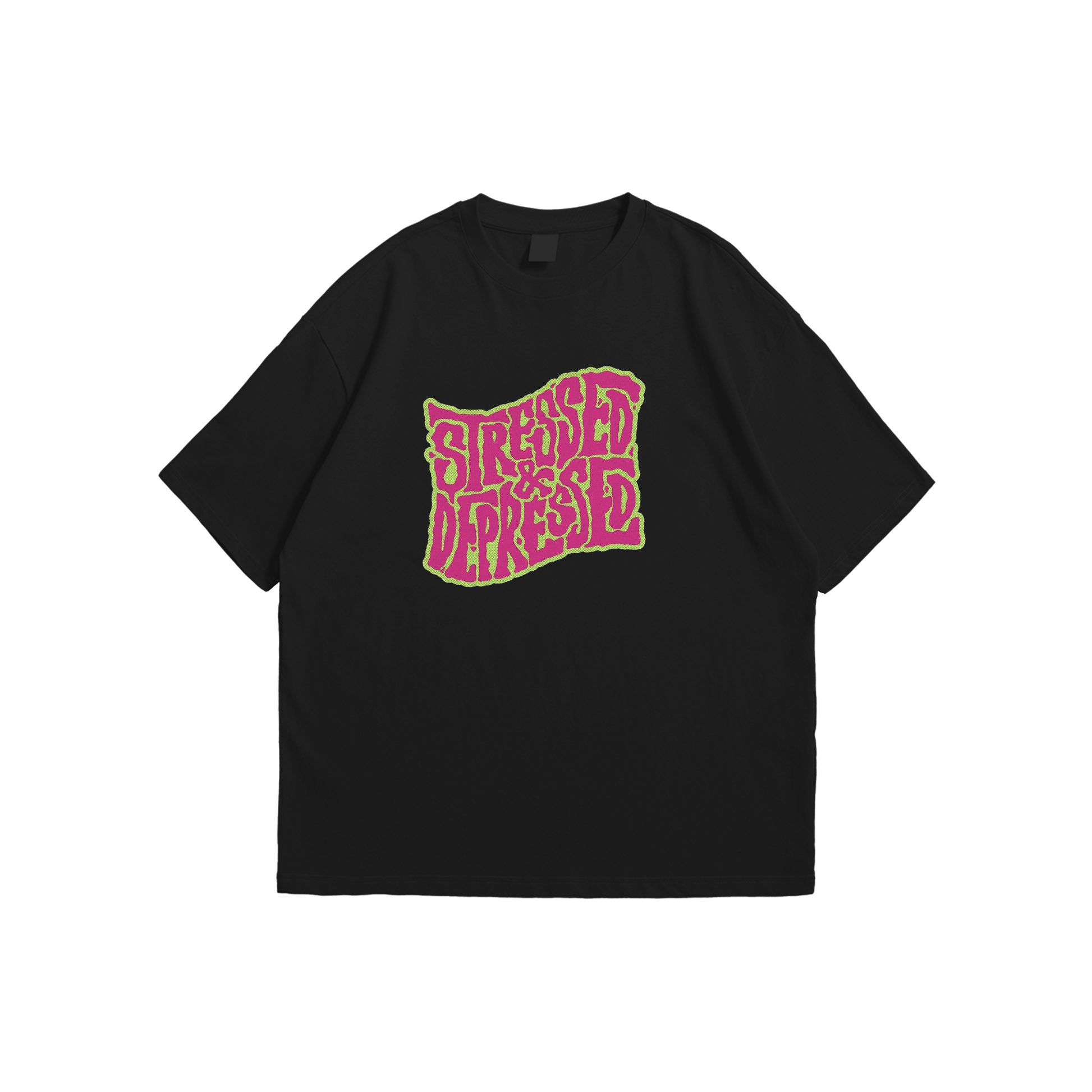 Stressed & Depressed Oversized T-Shirt – black oversized tee with neon pink and green text design, Stick-On Street Collection
