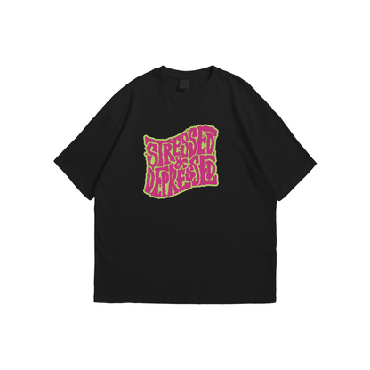 Stressed & Depressed Oversized T-Shirt – black oversized tee with neon pink and green text design, Stick-On Street Collection