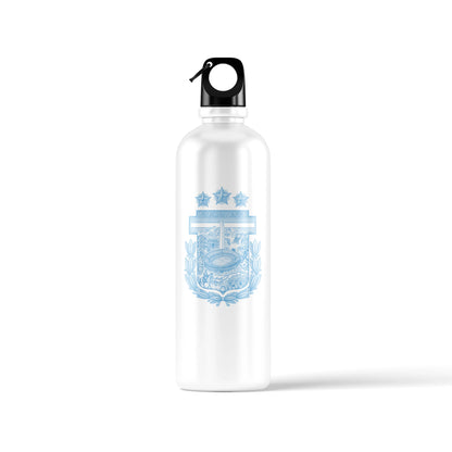 A white sports water bottle shown from multiple angles, featuring the gold Argentina AFA crest and 'VAMOS ARGENTINA' text on one side, a detailed light blue heritage crest on the other, and a black loop cap - sports drinkware by Stick-On Limited.
