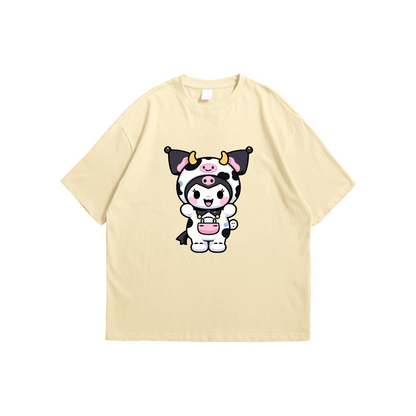 Kuromi Cow Costume Oversized T-Shirt – beige pastel anime graphic tee, Stick-On Apparel Collection