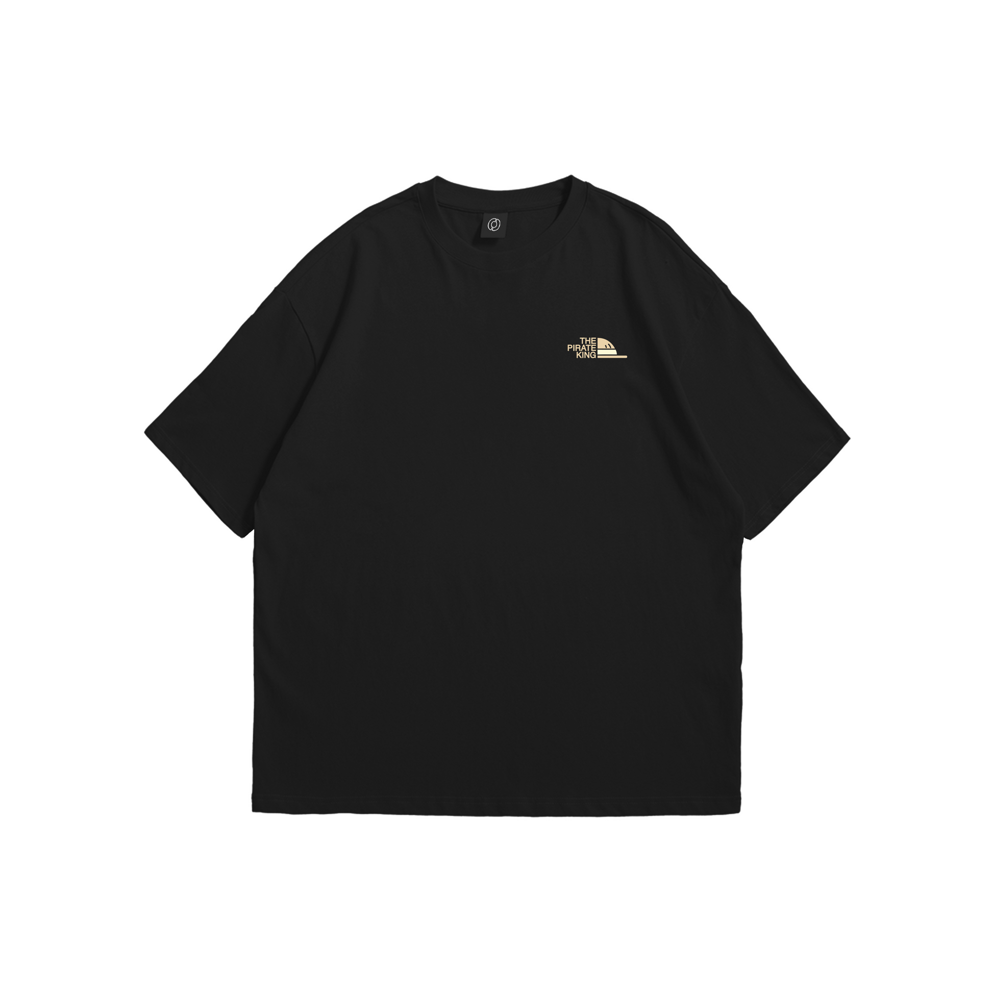 Monkey D. Luffy Wanted Poster T-Shirt – One Piece drop shoulder black tee featuring Luffy bounty print on back and The Pirate King logo on front, Stick-On Anime Collection