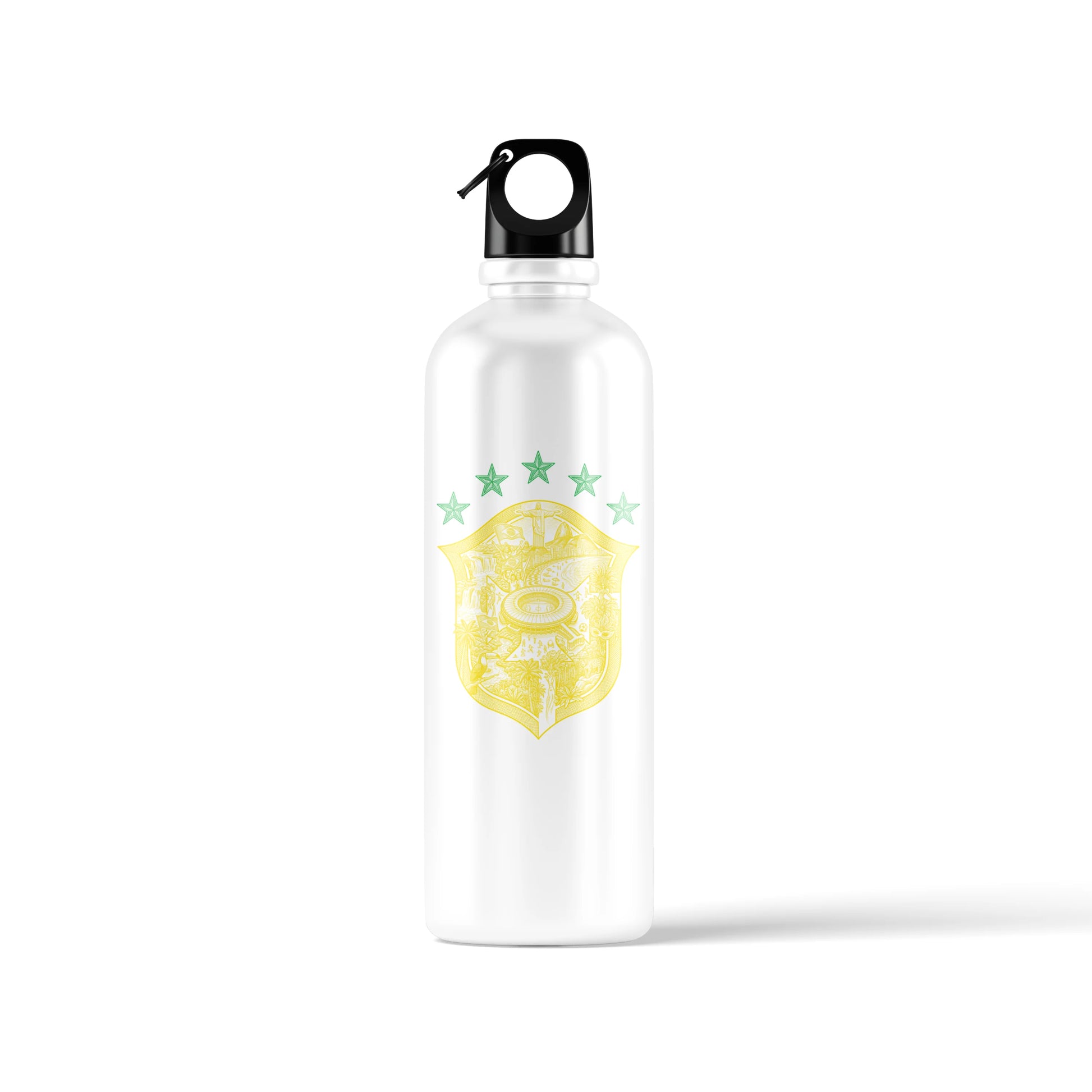 A white sports water bottle shown from multiple angles, featuring the Brazil CBF crest and 'PRA FRENTE BRASIL' text on one side, a detailed yellow heritage crest with Christ the Redeemer on the other, and a black loop cap - sports drinkware by Stick-On Limited.