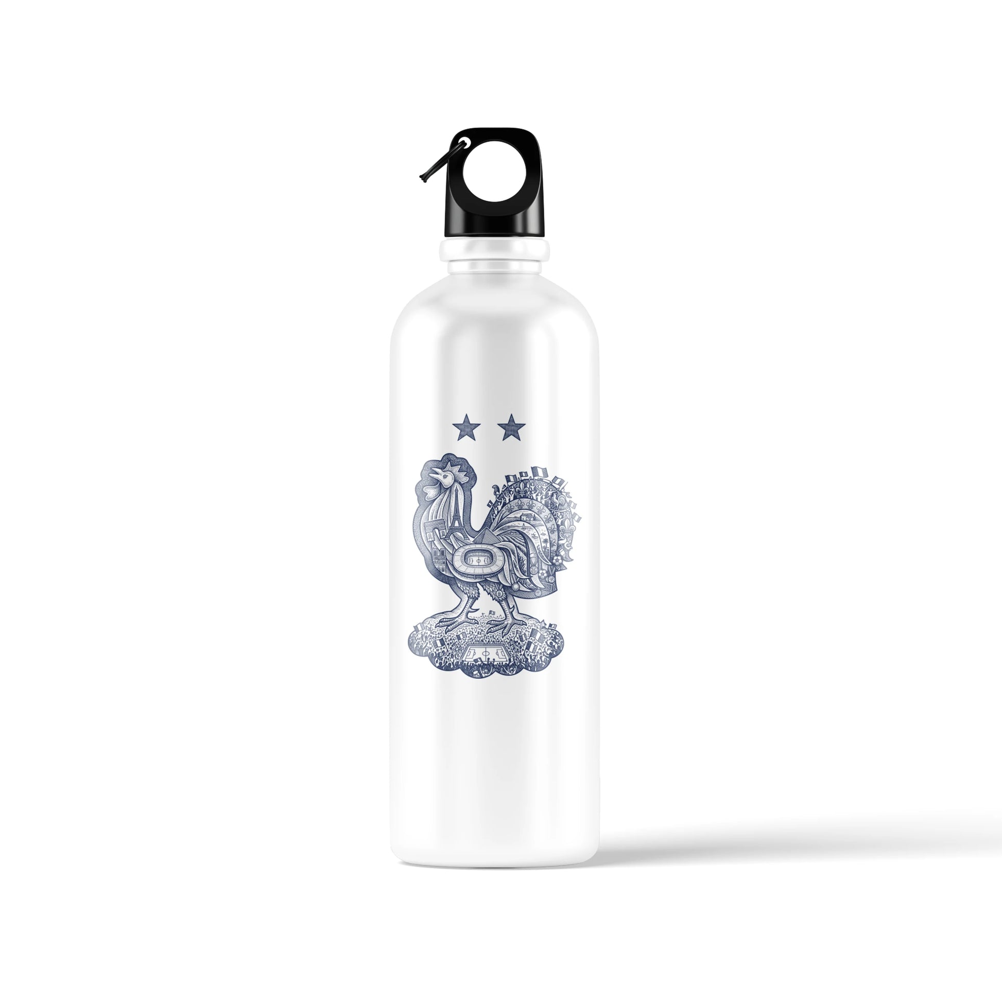 A white sports water bottle shown from multiple angles, featuring a stylized navy blue rooster and 'ALLEZ LES BLEUS!' text with two stars on one side, a highly detailed heritage rooster crest containing French landmarks on the other, and a black loop cap - sports drinkware by Stick-On Limited.